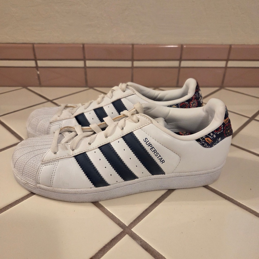 Adidas Superstar White Navy Floral Paisley Heel Sneakers S80481 Womens 7.5